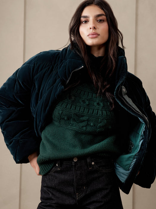 Snowdon Velvet Puffer Coat - GALACTIC GREEN