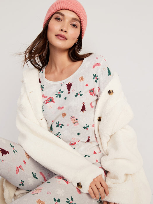 Printed Thermal-Knit Long-Sleeve Pajama Top for Women