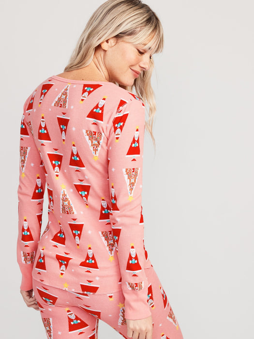 Printed Thermal-Knit Long-Sleeve Pajama Top for Women - Pink