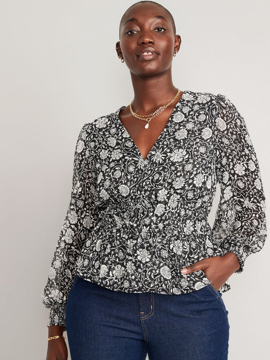 Puff-Sleeve Floral-Print Smocked Tie-Front Blouse for Women