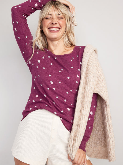Printed Thermal-Knit Long-Sleeve Pajama Top for Women - Multi