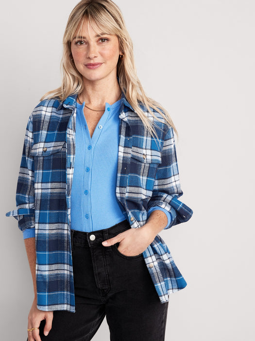 Long-Sleeve Plaid Flannel Boyfriend Tunic Shirt for Women