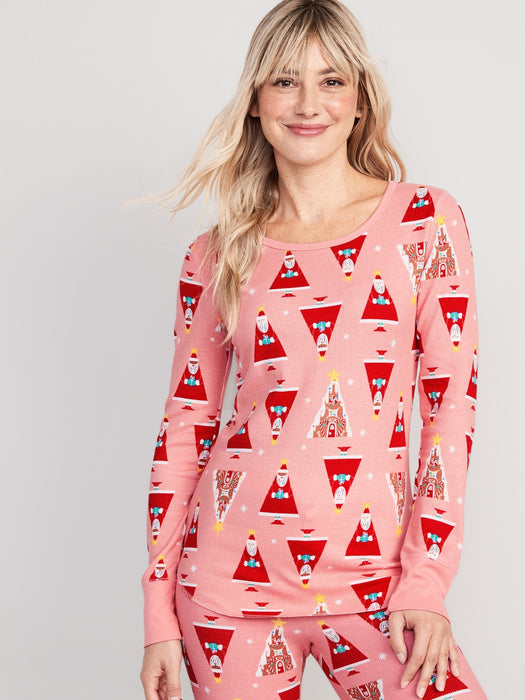 Printed Thermal-Knit Long-Sleeve Pajama Top for Women - Pink