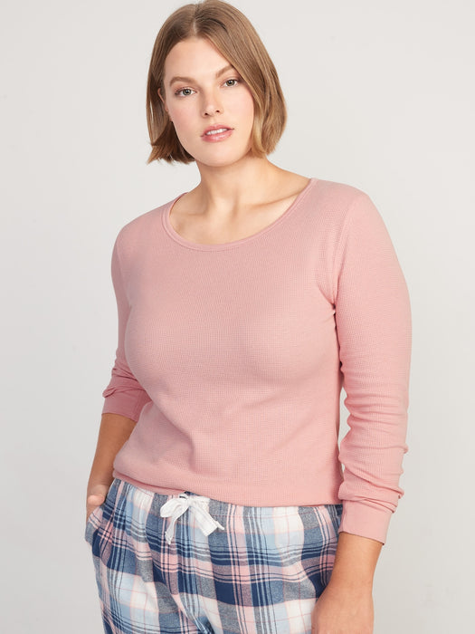 Printed Thermal-Knit Long-Sleeve Pajama Top for Women - Pink