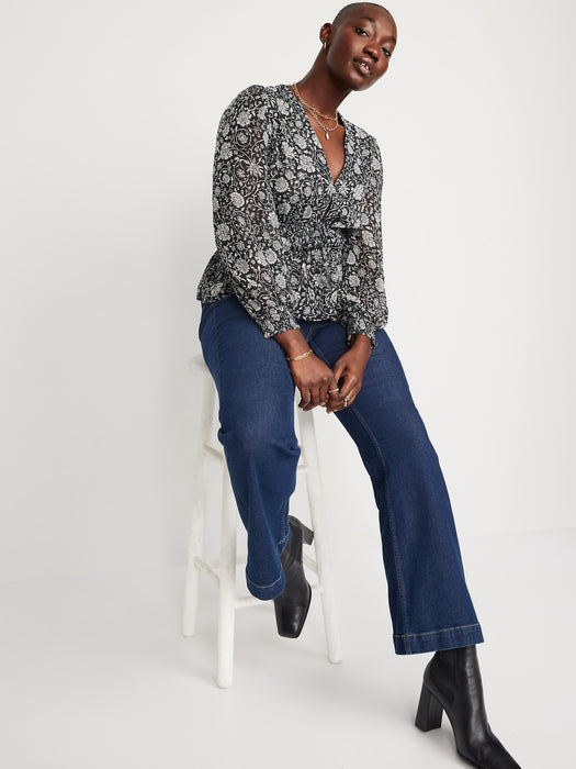 Puff-Sleeve Floral-Print Smocked Tie-Front Blouse for Women