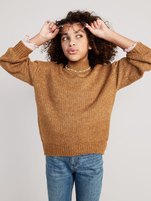 Cozy Mock-Neck Shaker-Stitch Cocoon Sweater for Girls - Brown