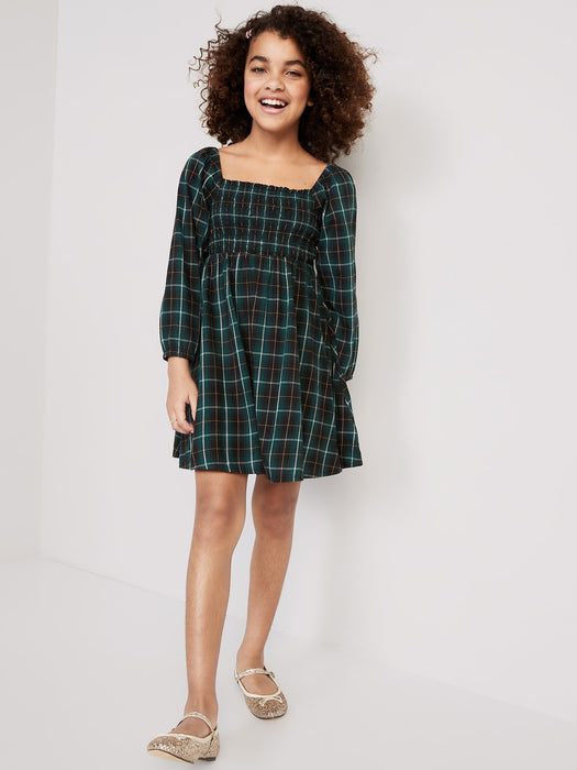 Long-Sleeve Smocked Plaid Fit & Flare Dress for Girls - Multi