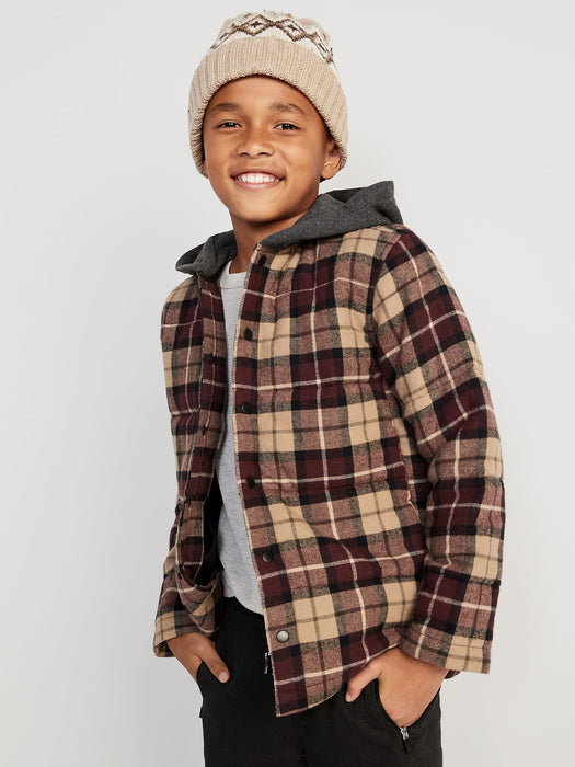 Hooded Puffer Flannel Shacket for Boys - Red