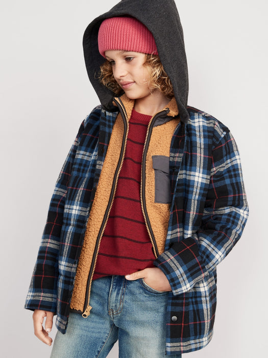Hooded Puffer Flannel Shacket for Boys