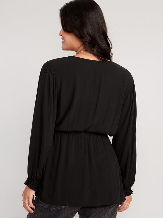 Maternity Puff-Sleeve Babydoll Blouse - Black
