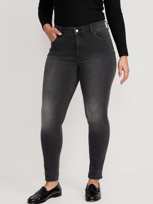 High-Waisted Rockstar Super-Skinny Black-Wash Built-In Warm Jeans for Women - Black