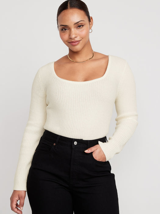 Fitted Cropped Square-Neck Rib-Knit Sweater for Women - White