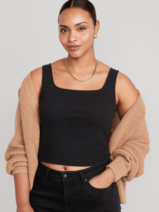 Fitted Square-Neck Ultra-Cropped Rib-Knit Tank Top for Women - Black