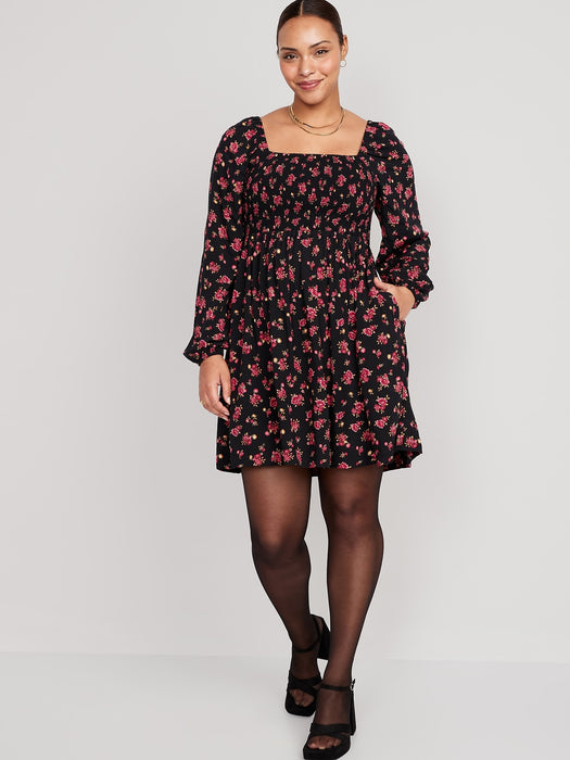 Fit & Flare Puff-Sleeve Floral Smocked Mini Dress for Women - Black