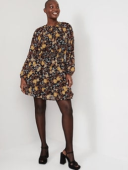 Waist-Defined Printed Smocked Mini Dress for Women