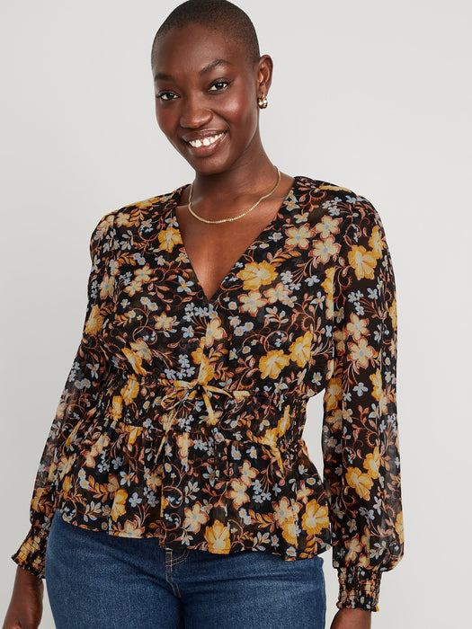 Puff-Sleeve Floral-Print Smocked Tie-Front Blouse for Women