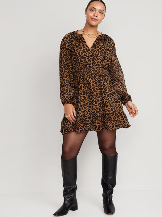 Waist-Defined Printed Smocked Mini Dress for Women