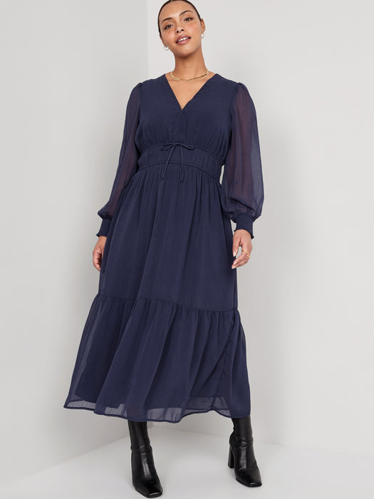 Waist-Defined Floral-Print Smocked Tie-Front Maxi Dress for Women