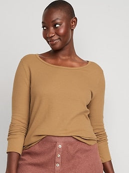 Printed Thermal-Knit Long-Sleeve Pajama Top for Women