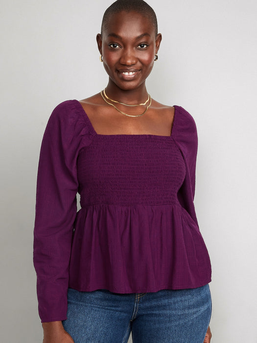 Seersucker Smocked Babydoll Blouse for Women