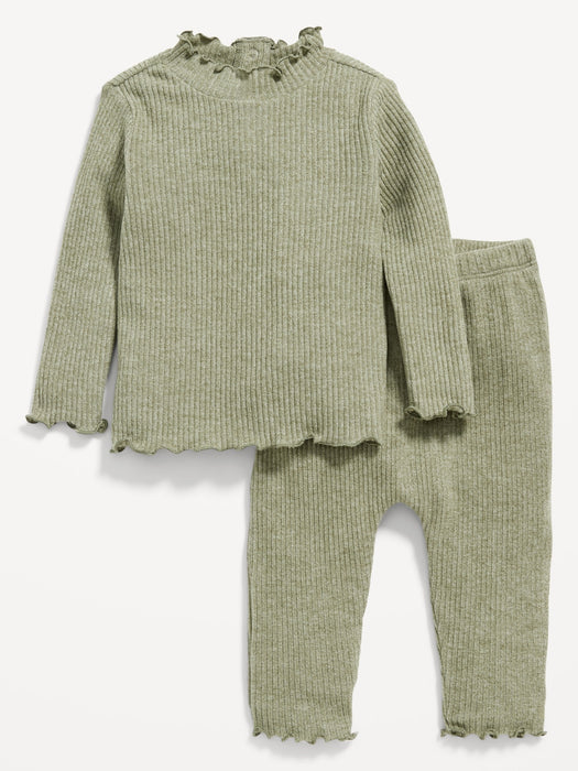 Plush-Knit Lettuce-Edge Top and Pants Set for Baby