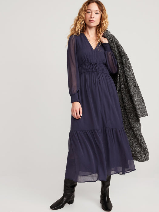 Waist-Defined Floral-Print Smocked Tie-Front Maxi Dress for Women