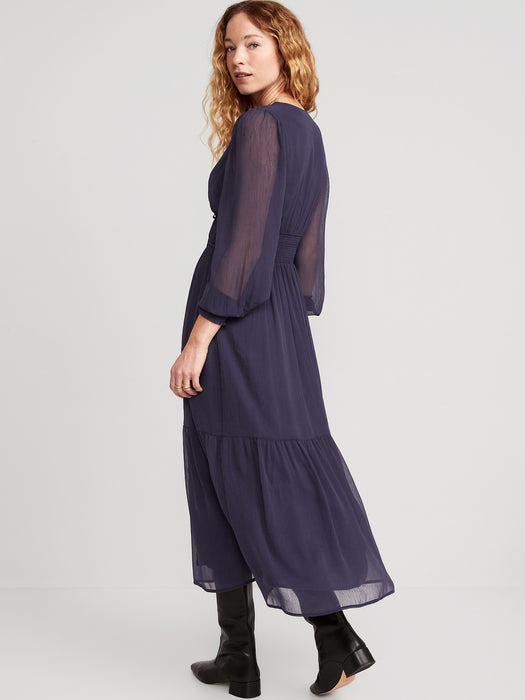 Waist-Defined Floral-Print Smocked Tie-Front Maxi Dress for Women