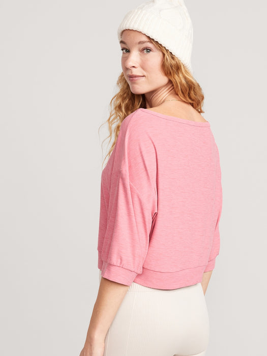 Breathe ON Cropped Elbow-Sleeve Performance Top for Women - Pink