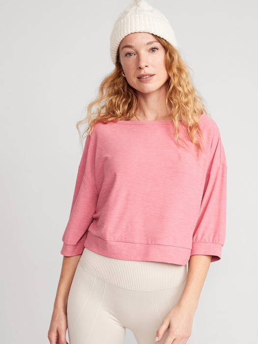 Breathe ON Cropped Elbow-Sleeve Performance Top for Women - Pink