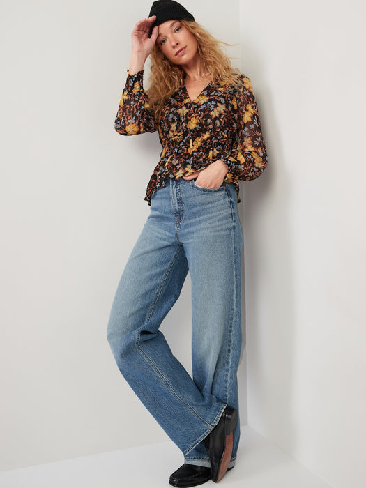 Puff-Sleeve Floral-Print Smocked Tie-Front Blouse for Women