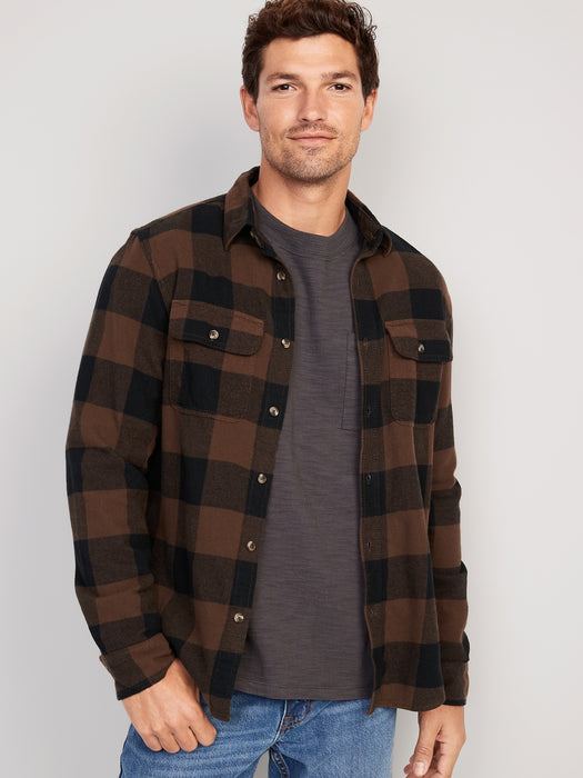Regular-Fit Plaid Double-Brushed Flannel Shirt for Men