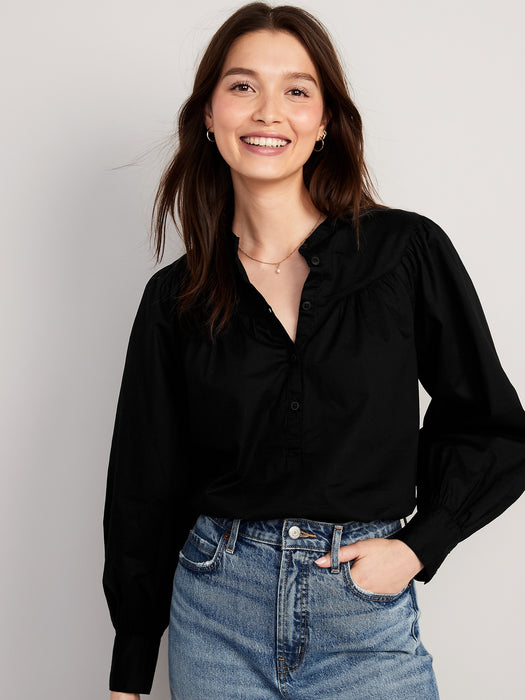 Puff-Sleeve Henley Shirt for Women