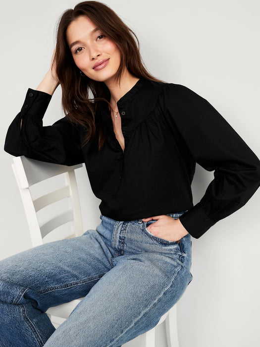 Puff-Sleeve Henley Shirt for Women