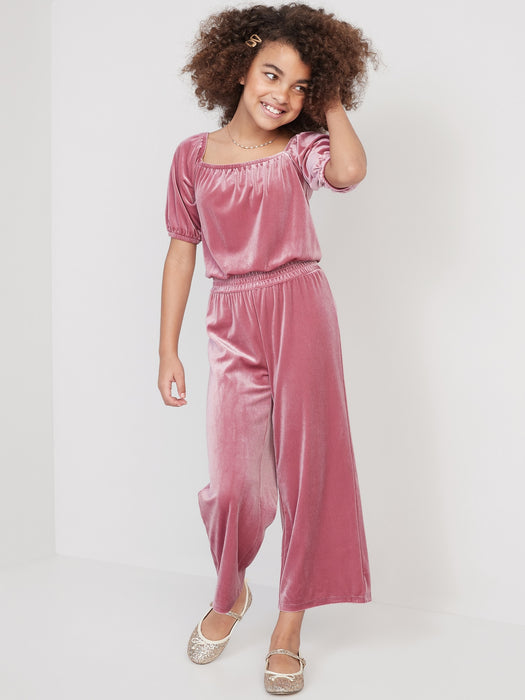 Cozy Velvet Puff-Sleeve Smocked Jumpsuit for Girls