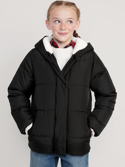 Sherpa-Lined Hooded Puffer Jacket for Girls