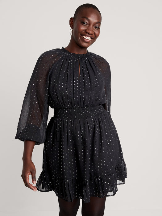 Waist-Defined Metallic Swiss Dot Smocked Mini Dress for Women