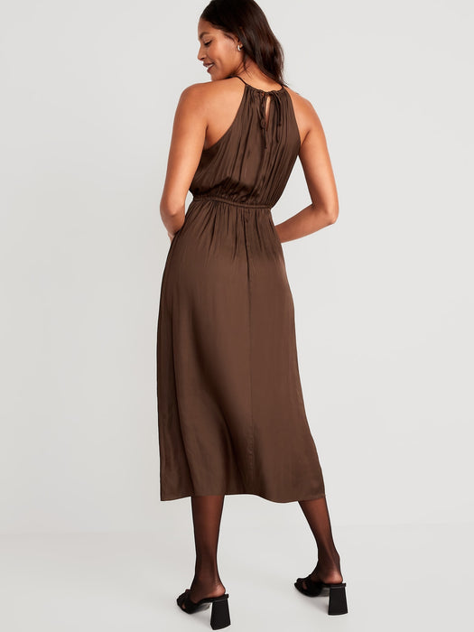 Waist-Defined Halter Satin Maxi Dress for Women