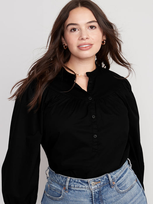 Puff-Sleeve Henley Shirt for Women